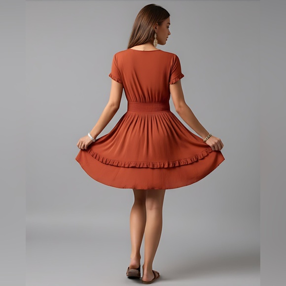 Boho Rust Tie Front Ruffle Hem Dress* - Picture 3 of 9